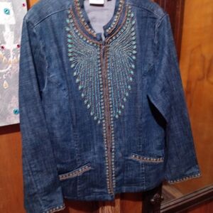 Chico's Blue Embroidered Jean Jacket